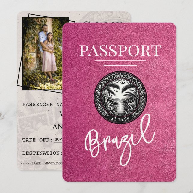 Magenta Purple Brazil Passport Save The Date (Front/Back)