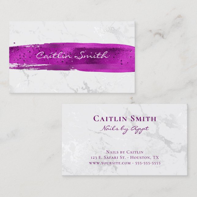 Magenta Purple Brush Stroke White Foil Marble Business Card (Front/Back)