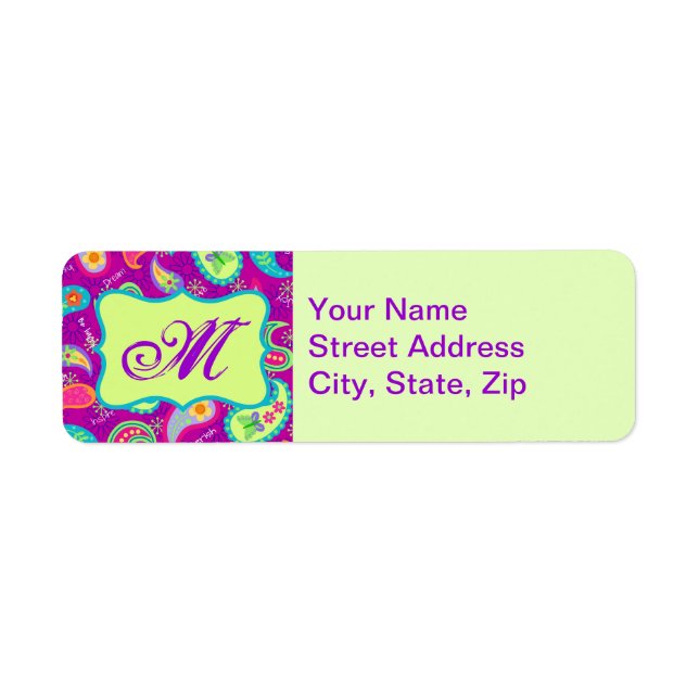 Magenta Purple Green Modern Paisley Monogram Label (Front)