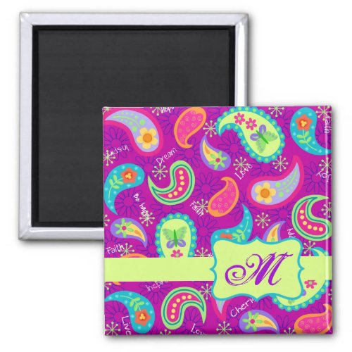 Magenta Purple Green Modern Paisley Monogram Magnet