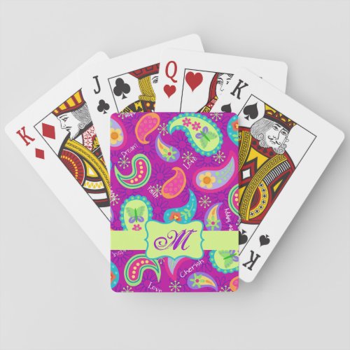 Magenta Purple Green Modern Paisley Monogram Playing Cards