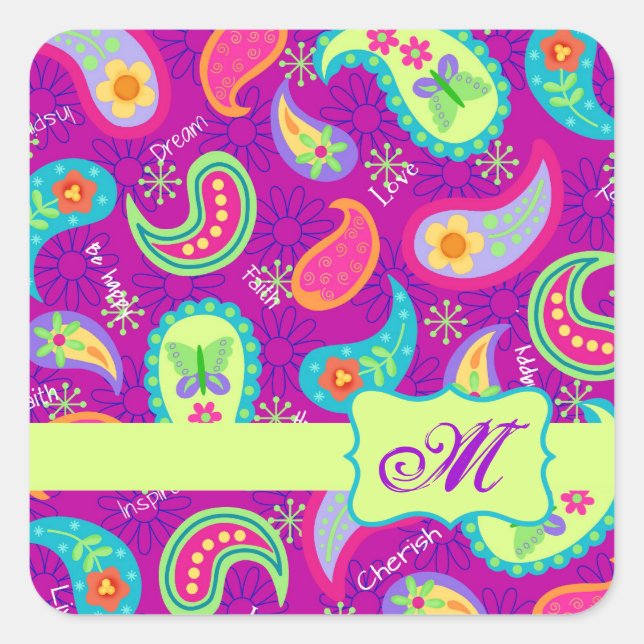 Magenta Purple Green Modern Paisley Monogram Square Sticker (Front)