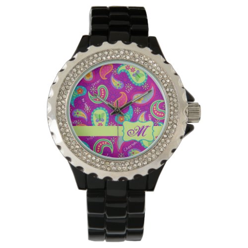 Magenta Purple Green Modern Paisley Monogram Watch