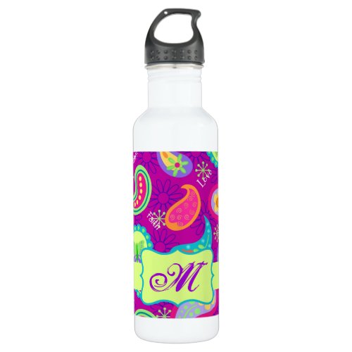 Magenta Purple Green Modern Paisley Monogram Water Bottle