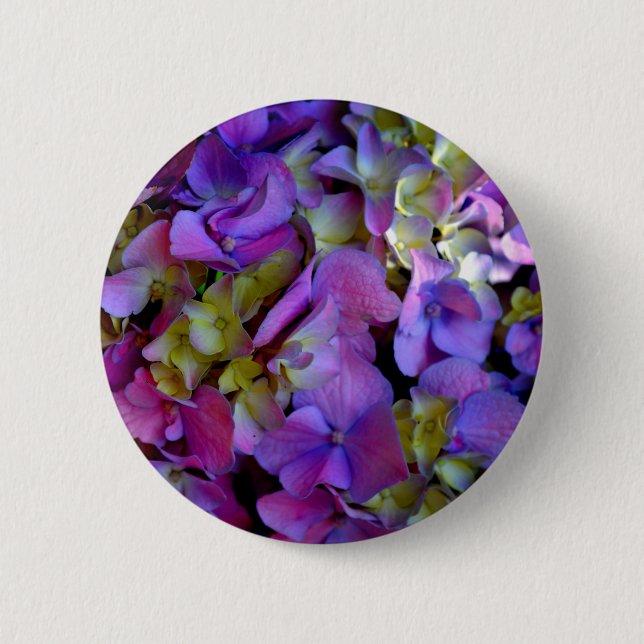 Magenta Purple Hydrangeas  Purple blue yellow  Pinback Button (Front)