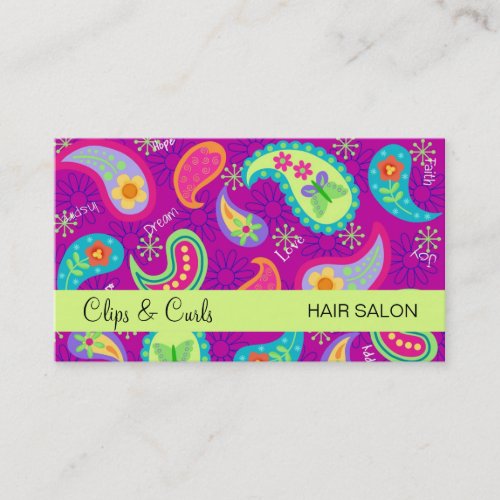 Magenta Purple Lime Green Modern Paisley Pattern Business Card