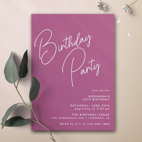 Magenta Purple  Modern Casual Typography Birthday Invitation