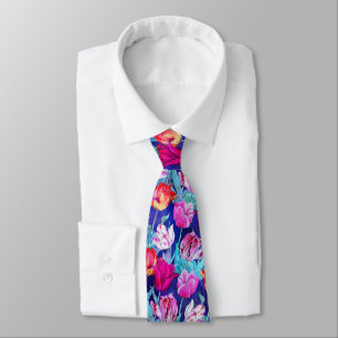 Magenta Purple Pink Red White Blue Tulip Flowers Neck Tie
