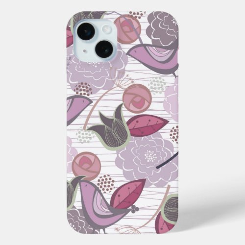 Magenta Purple Sweet Birds Floral Garden Chic iPhone 15 Plus Case