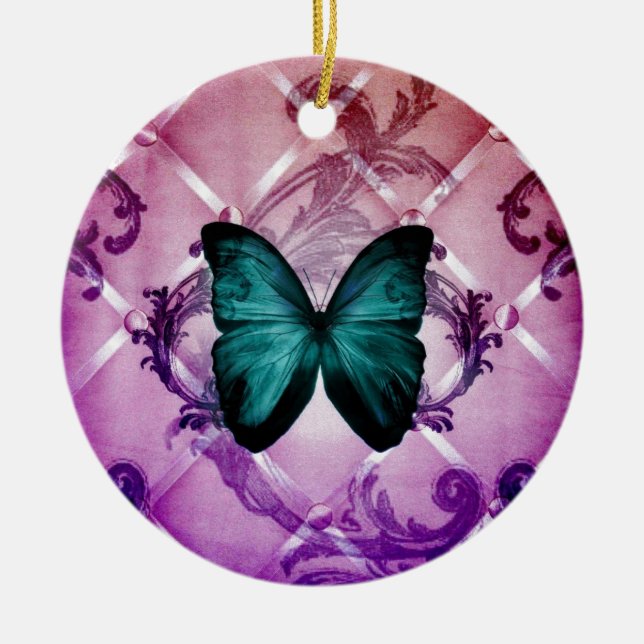 Magenta Purple Swirls Bohemian Teal Butterfly Ceramic Ornament (Front)