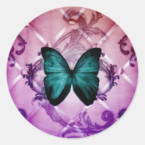 Magenta Purple Swirls Bohemian Teal Butterfly Classic Round Sticker