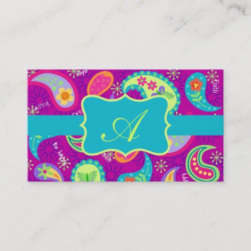 Magenta Purple Turquoise Modern Paisley Monogram Business Card