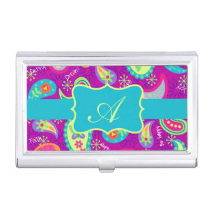 Magenta Purple Turquoise Modern Paisley Monogram Business Card Holder