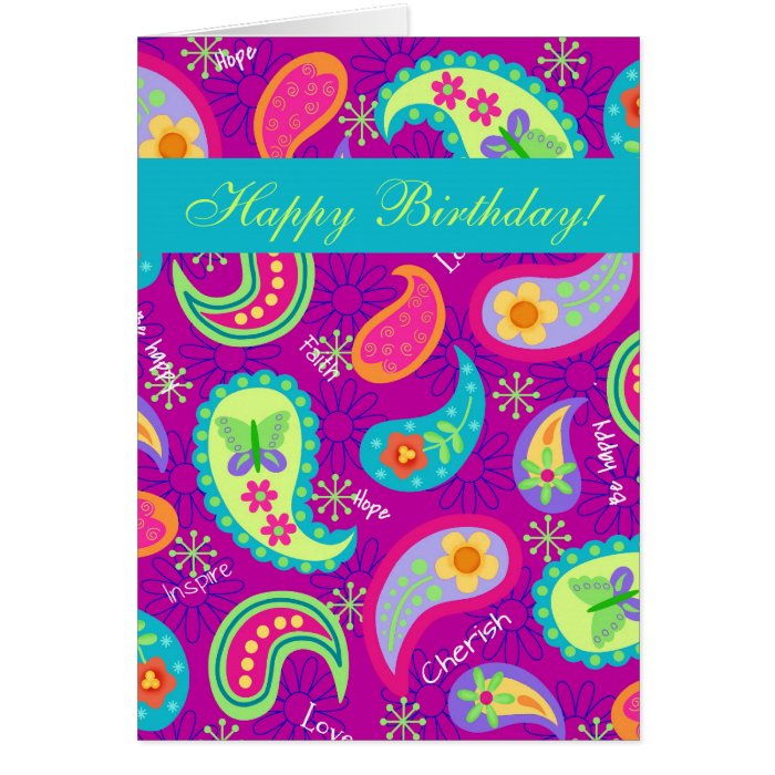 Magenta Purple Turquoise Modern Paisley Monogram Greeting Card