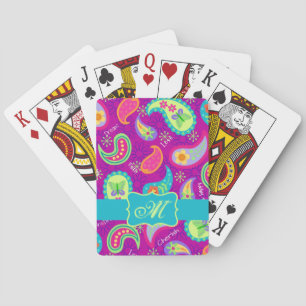 Magenta Purple Turquoise Modern Paisley Monogram Poker Cards