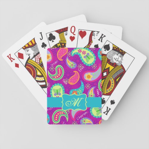 Magenta Purple Turquoise Modern Paisley Monogram Poker Cards