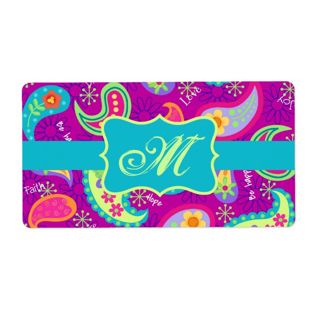 Magenta Purple Turquoise Modern Paisley Pattern Label (Front)