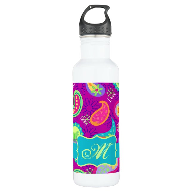 Magenta Purple Turquoise Modern Paisley Pattern Stainless Steel Water Bottle (Front)