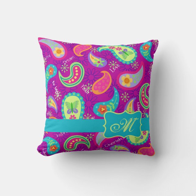 Magenta Purple Turquoise Modern Paisley Pattern Throw Pillow (Front)