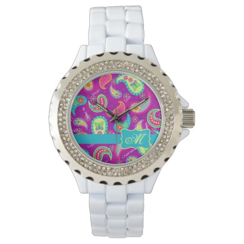 Magenta Purple Turquoise Modern Paisley Pattern Watch