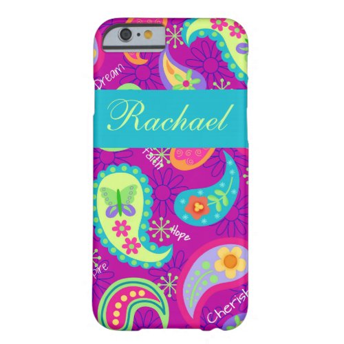 Magenta Purple Turquoise Paisley Personalized Name Barely There iPhone 6 Case