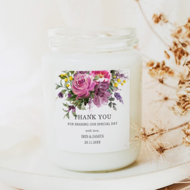 Magenta Purple Yellow Floral Boho Wedding Favor Square Sticker (Creator Uploaded)