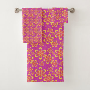 Magenta Purple Yellow Groovy Flower Pattern Bath Towel Set