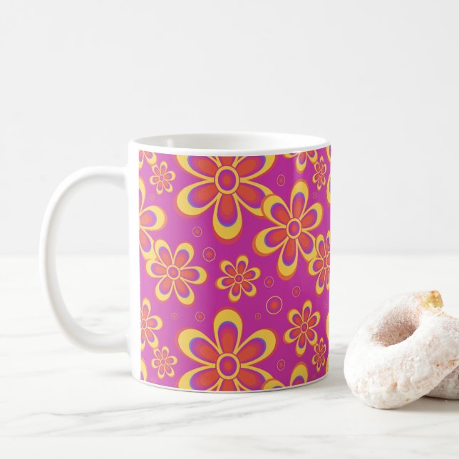 Magenta Purple Yellow Groovy Flower  Pattern Coffee Mug (With Donut)