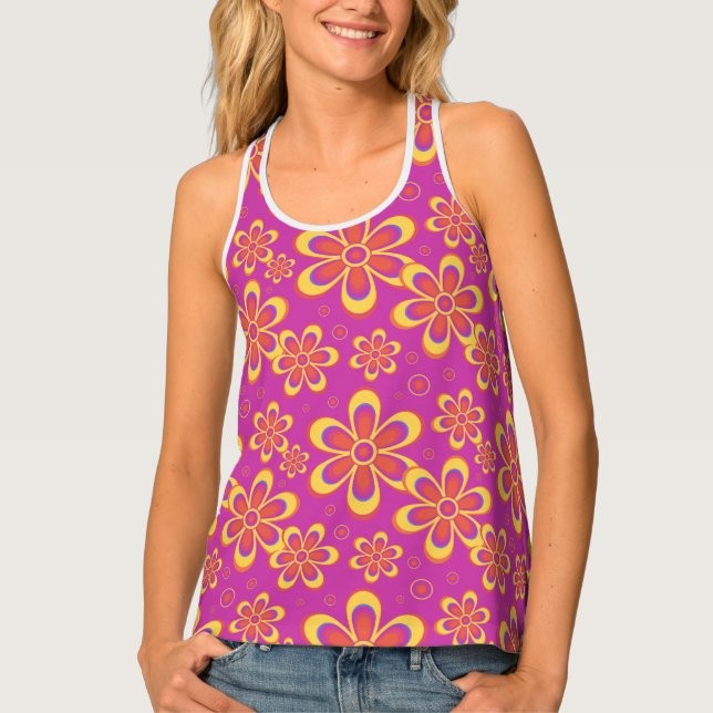 Magenta Purple Yellow Groovy Flower Pattern Tank Top (Front)