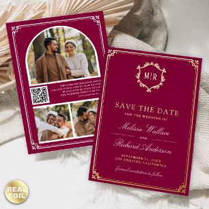 Magenta QR Code Photo Wedding Save the Date Gold Foil Invitation