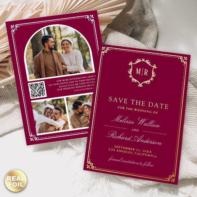 Magenta QR Code Photo Wedding Save the Date Gold Foil Invitation (Creator Uploaded)