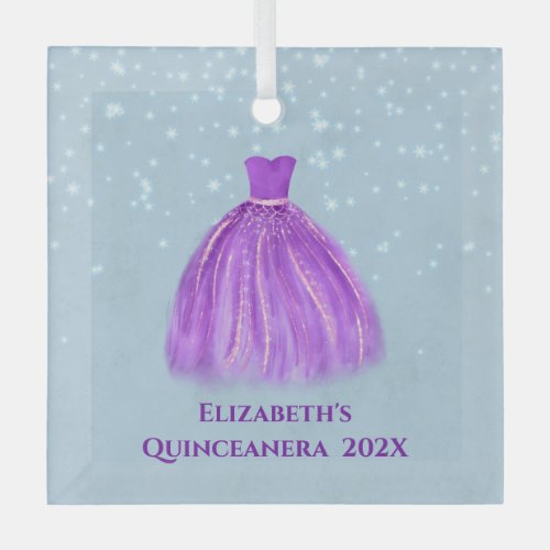 Magenta Quinceanera Dress on Starry Blue with Name Glass Ornament