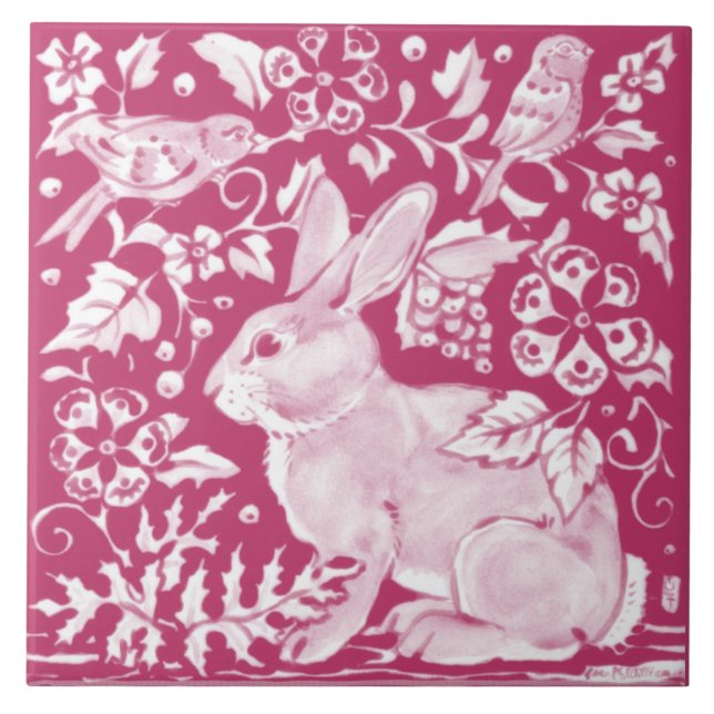 Magenta Rabbit Bird Nature Woodland Floral Pretty Ceramic Tile (Front)