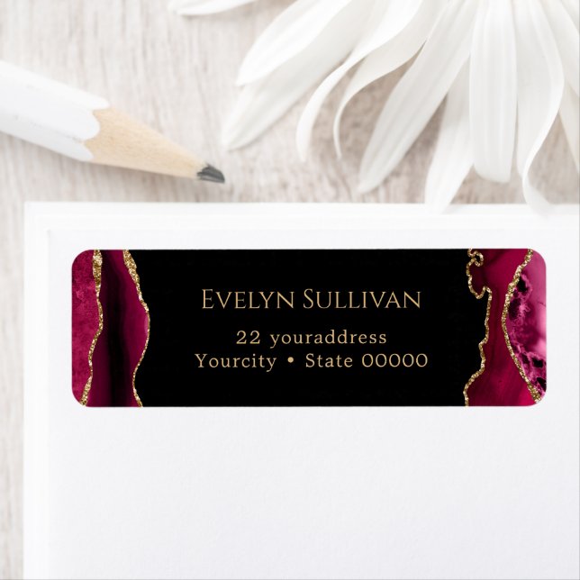 Magenta red and gold agate return address label (Insitu)