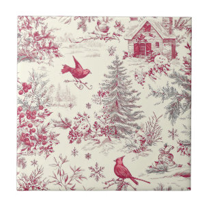 Magenta Red Green Christmas Toile Cream Winter Ceramic Tile
