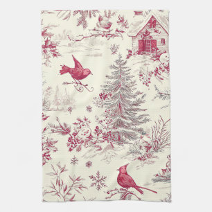 Magenta Red Green Christmas Toile Cream Winter Kitchen Towel