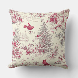 Magenta Red Green Christmas Toile Cream Winter Throw Pillow