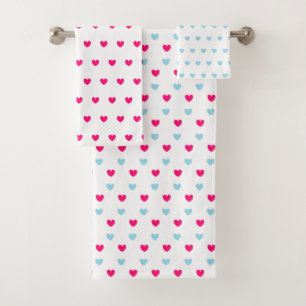 Magenta Red & Light Blue Hearts on White Bath Towel Set