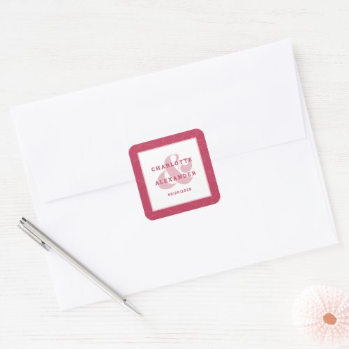 Magenta Red Modern Wedding Trendy Bride  Groom Square Sticker