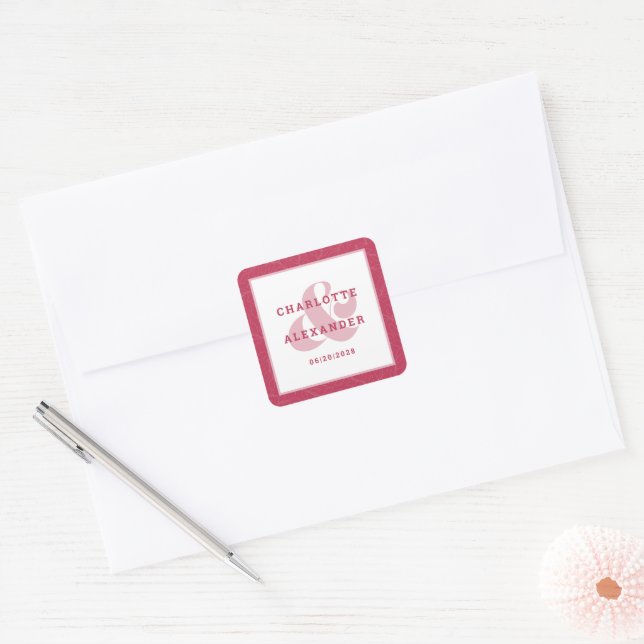Magenta Red Modern Wedding Trendy Bride & Groom Square Sticker (Envelope)