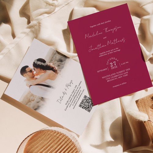Magenta Red Photo Budget Wedding QR Code Rsvp Invitation