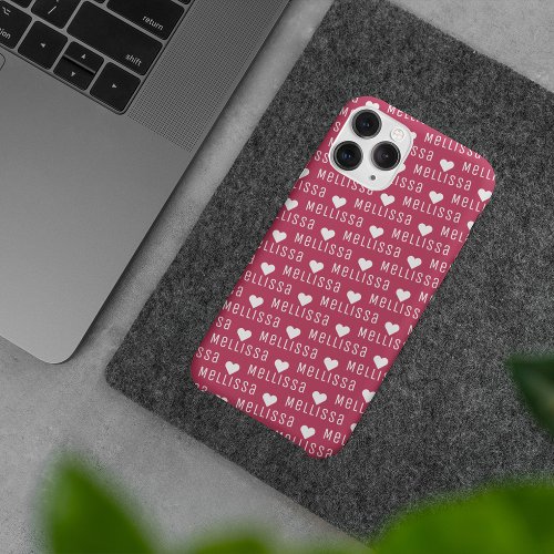 Magenta Repeating Name Monogram Heart iPhone 11 Case