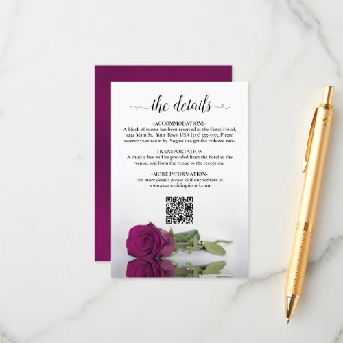 Magenta Rose Elegant Wedding Details QR Code Enclosure Card