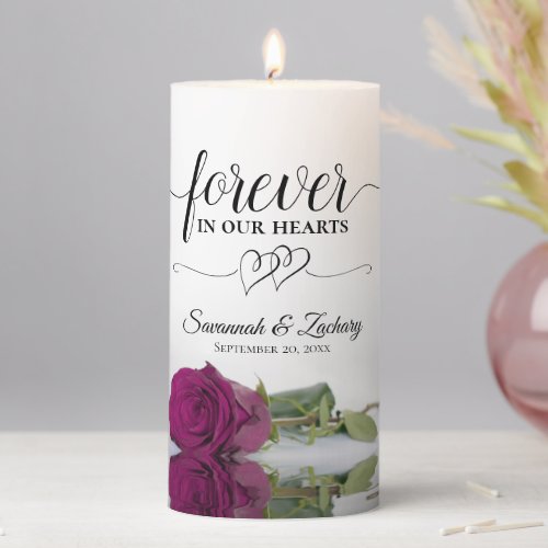 Magenta Rose Forever in our Hearts Memorial Pillar Candle
