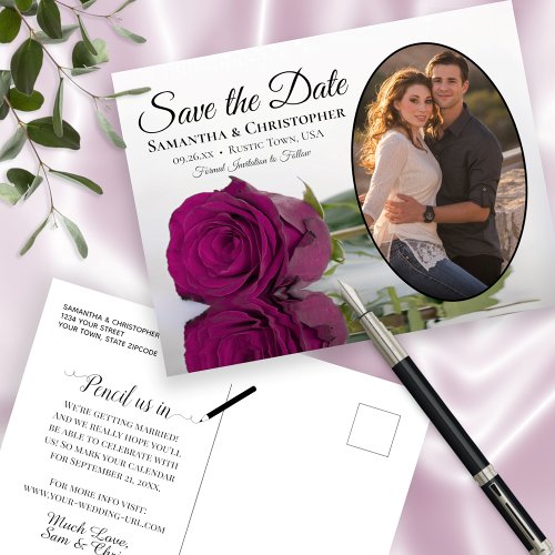 Magenta Rose Oval Photo Wedding Save The Date Announcement Postcard