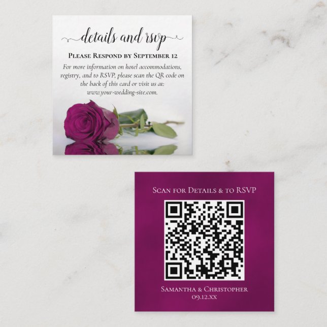 Magenta Rose Posh Wedding Details & RSVP QR Code Enclosure Card (Front/Back)