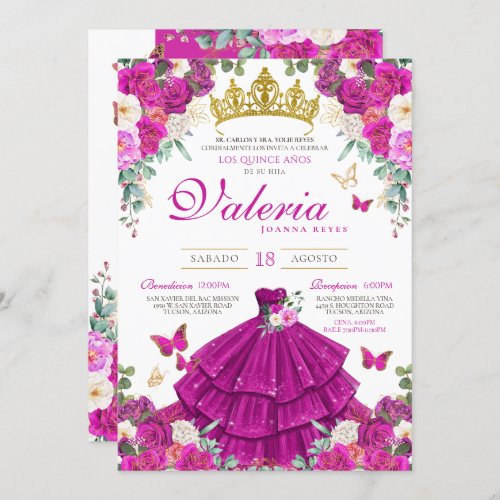 Magenta Rose Purple Butterfly Princess Quinceanera Invitation
