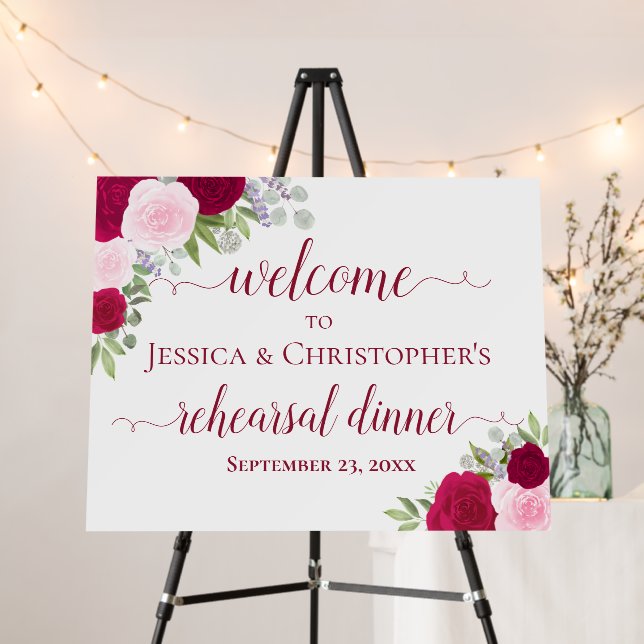 Magenta Roses Wedding Rehearsal Dinner Welcome Foam Board (In Situ (Stand))