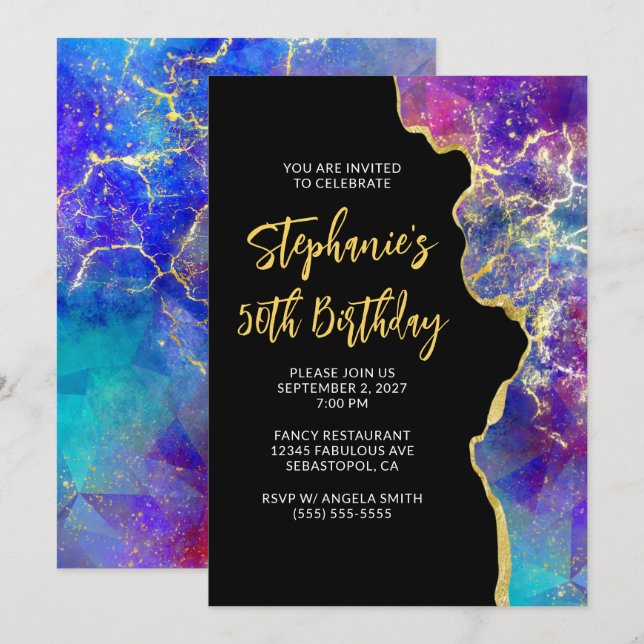Magenta Royal Blue Fire Opal Gold 50th Birthday Invitation (Front/Back)