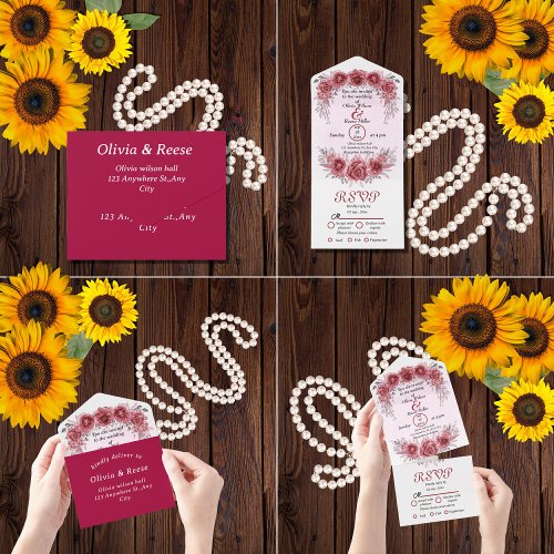 magenta rustic botanical  wedding all in one invitation